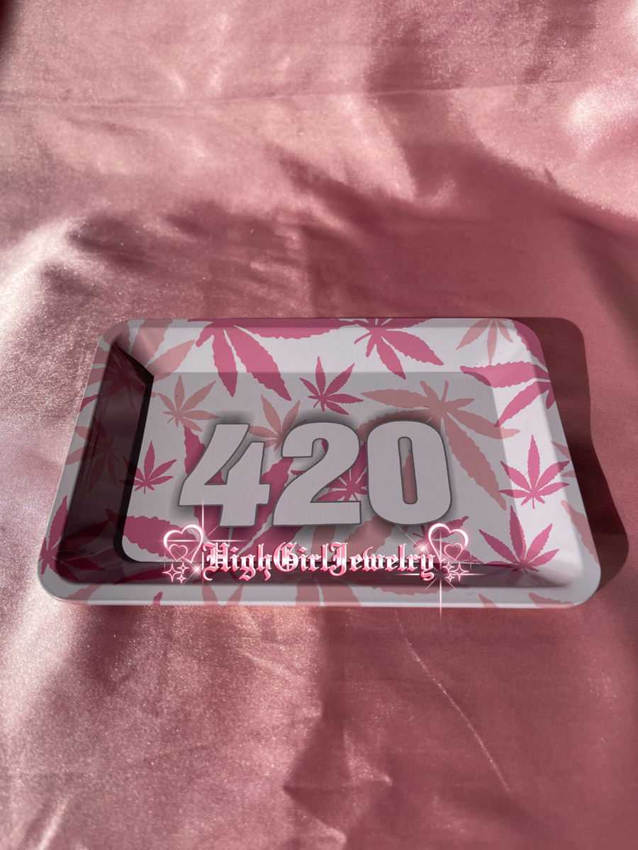 420 Pink Weed Leaf Design Rolling Tray Set - 420 Gift Sets