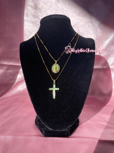 Matcha Green Virgin Mary Cross Necklace Set♡