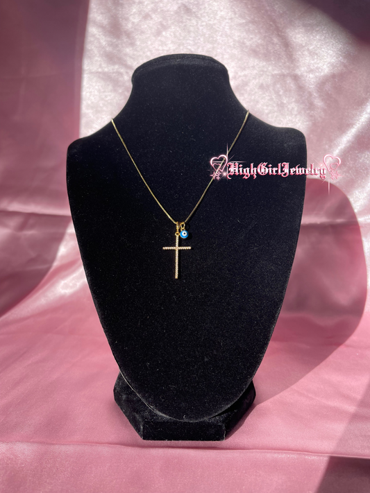 Simple Cross With Blue Evil Eye Necklace ♡preorder♡