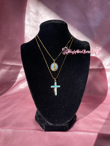 Ocean Blue Virgin Mary Cross Necklace Set♡
