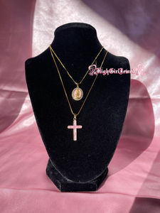 Rosy Pink Virgin Mary Cross Necklace Set♡