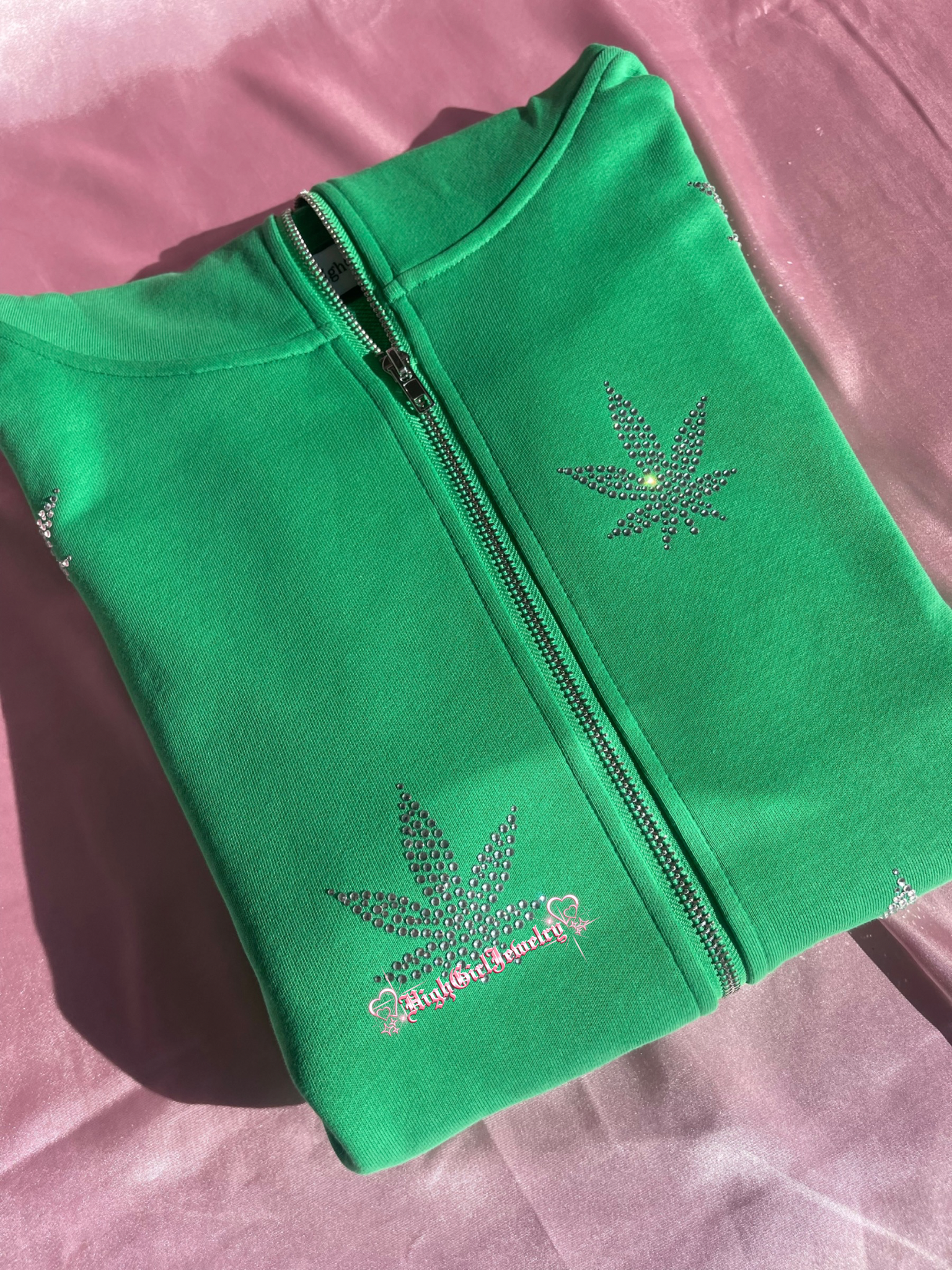 Green Weed Rhinestone Zip Up Hoodie♡