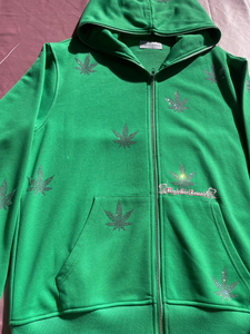 Green Weed Rhinestone Zip Up Hoodie♡